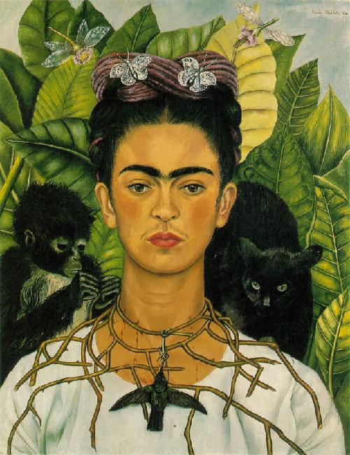 Self-Portrait with Thorn Necklace and Hummingbird (Autorretrato con collar de espinas y colibrí), Frida Kahlo, 1940, oil on canvas, 24 5/8 x 18 7/8 inches
